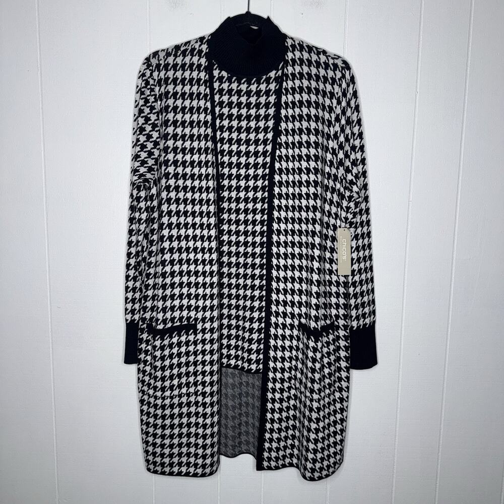 Chico’s Women’s 2 Piece Cardigan Set Tank Sweater Houndstooth Black 1, M NWT